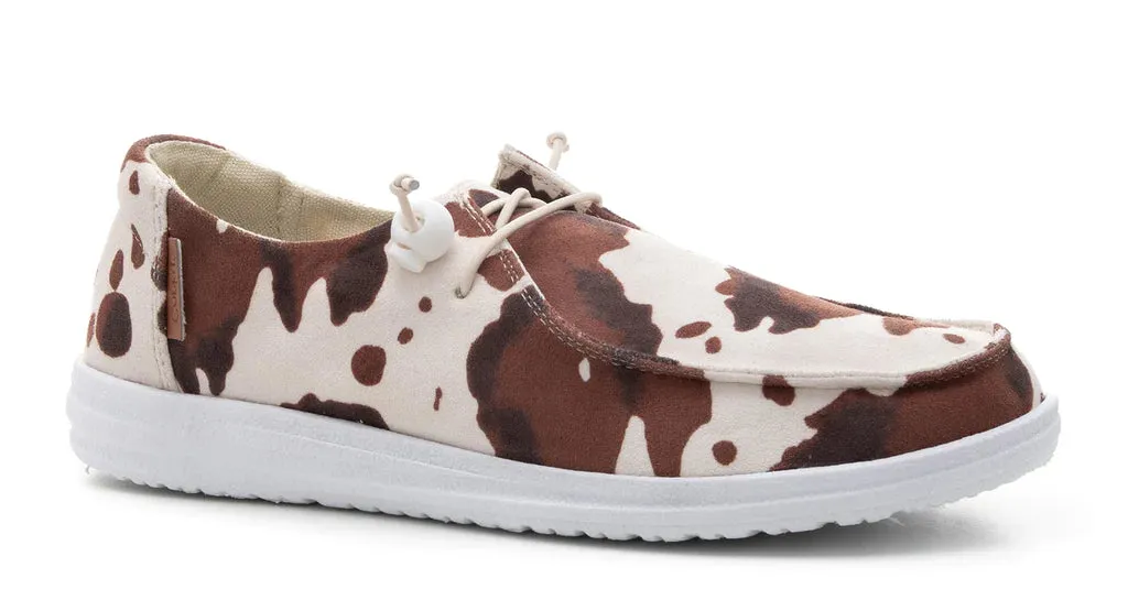 Corkys Kayak Brown Cow Print Slip Ons