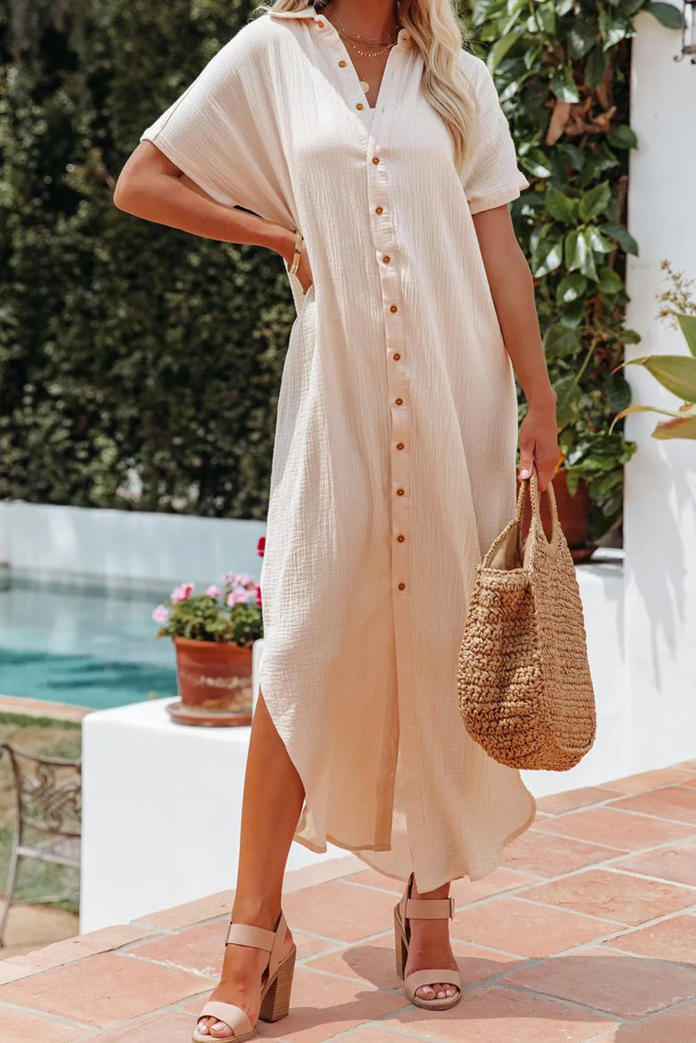 Crinkled Buttons Maxi Beach Dress with Slits