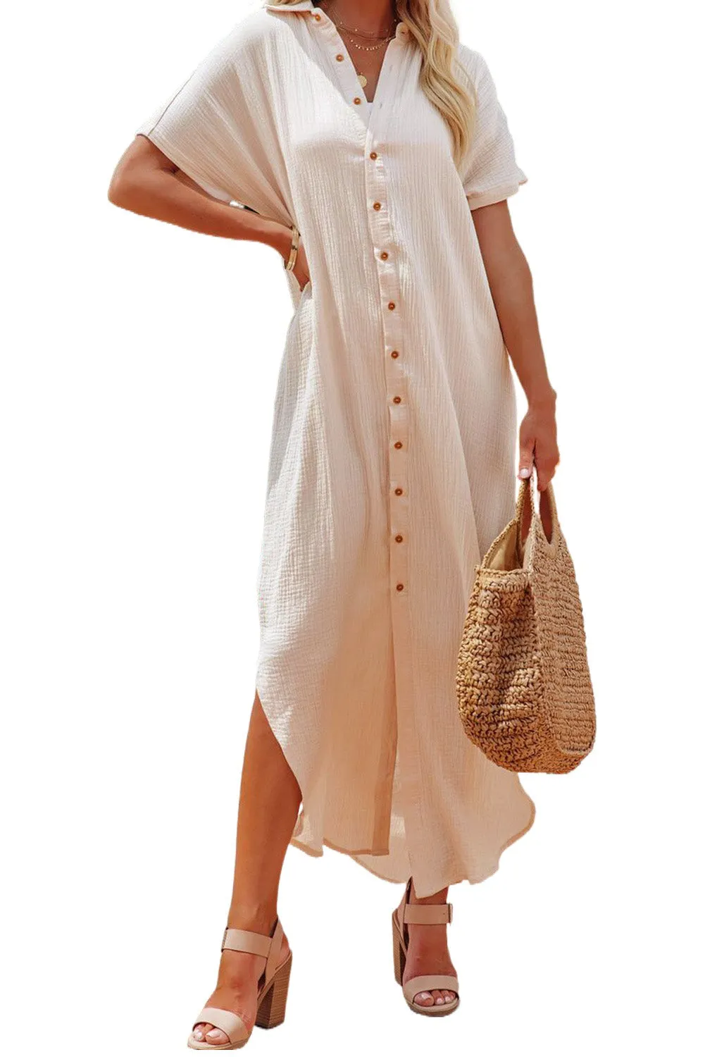 Crinkled Buttons Maxi Beach Dress with Slits