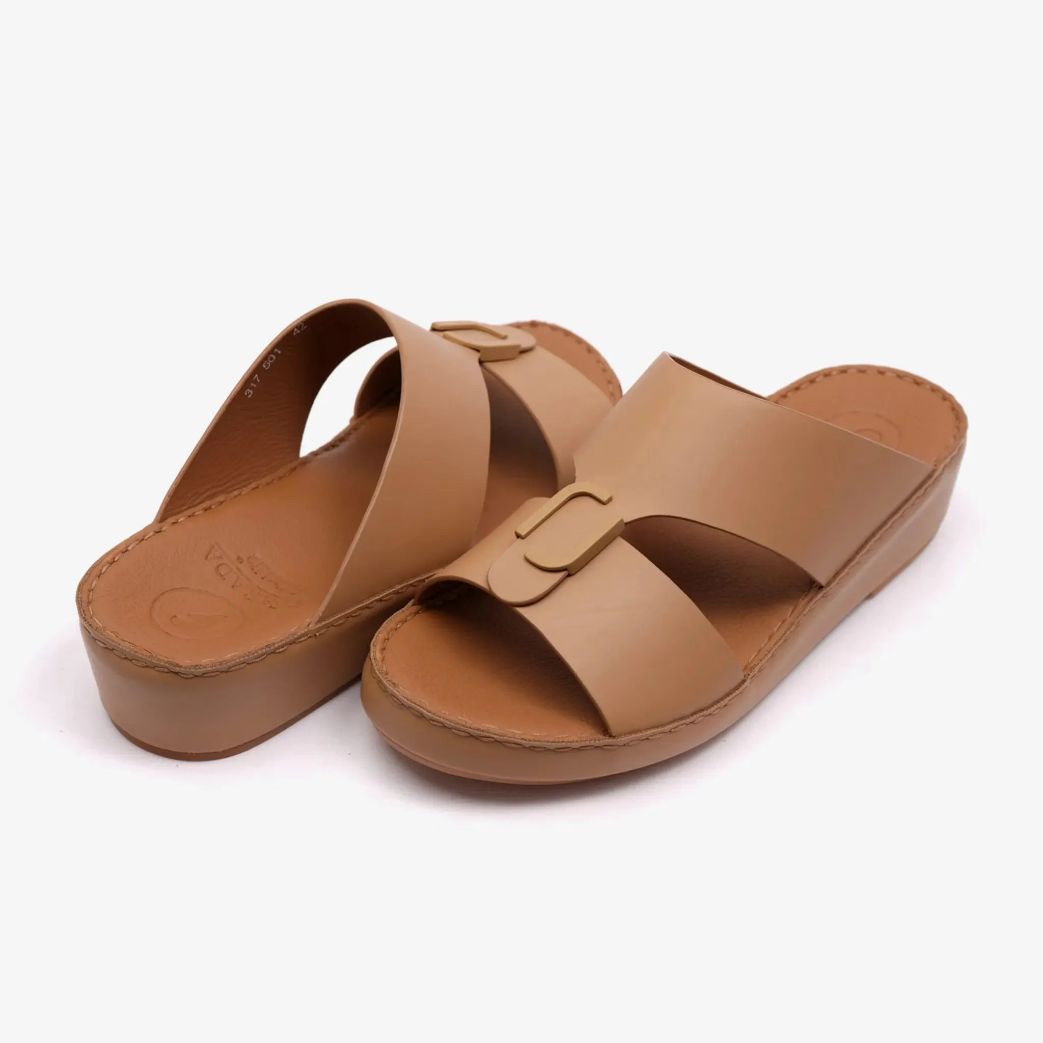 FARADA MATTE LEATHER SLIM ICONIC DOUBLE F TRIM ARABIC SANDAL NATURAL