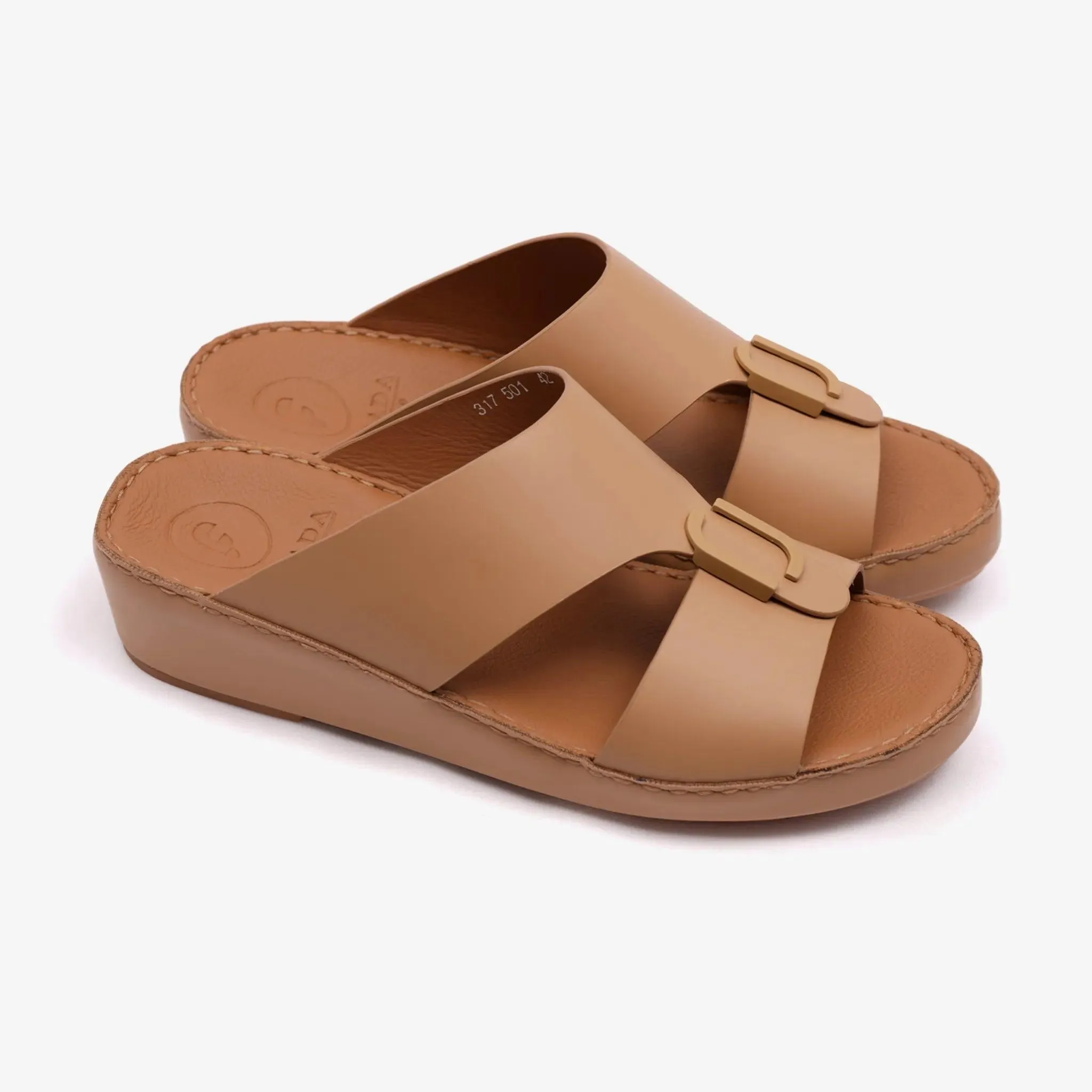 FARADA MATTE LEATHER SLIM ICONIC DOUBLE F TRIM ARABIC SANDAL NATURAL