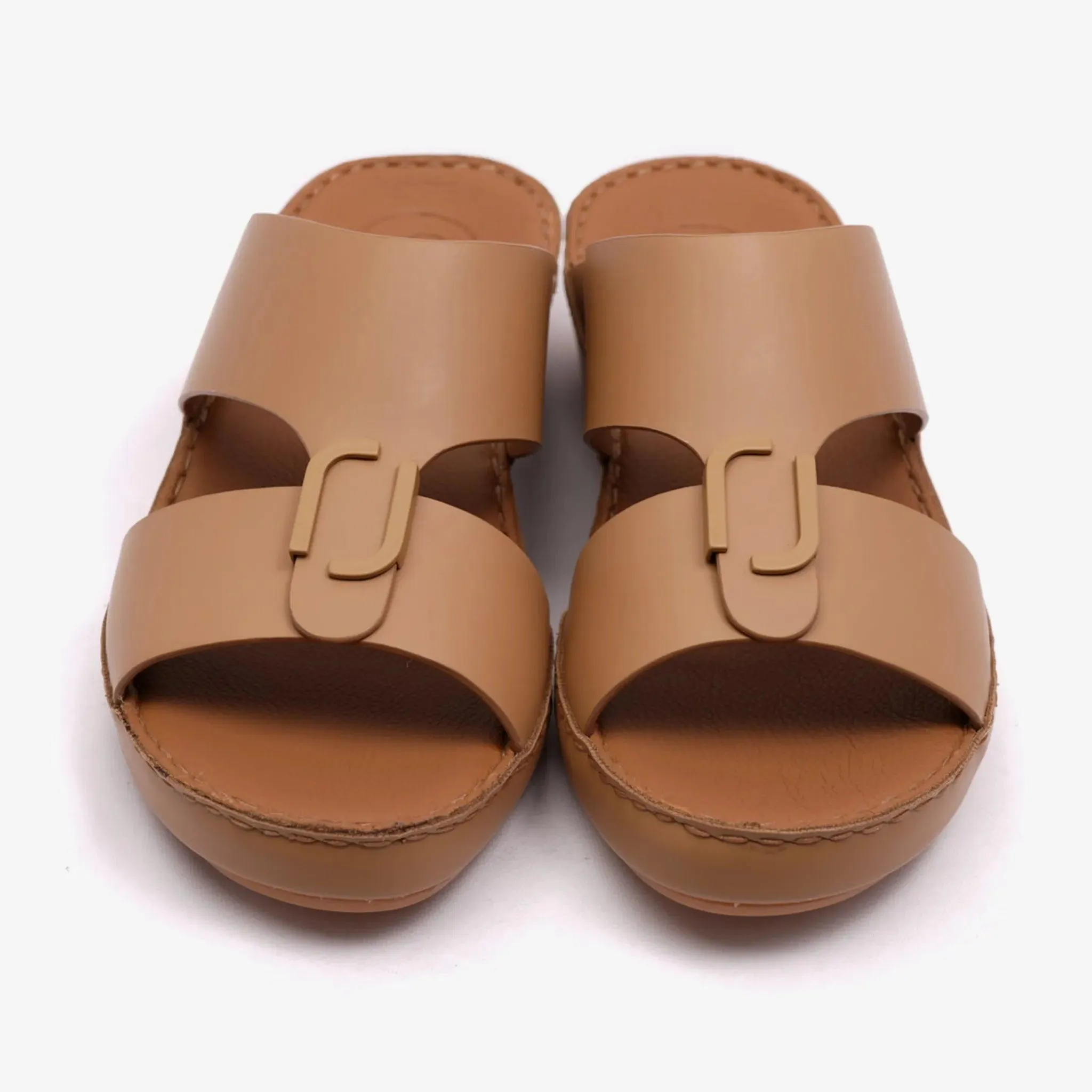 FARADA MATTE LEATHER SLIM ICONIC DOUBLE F TRIM ARABIC SANDAL NATURAL
