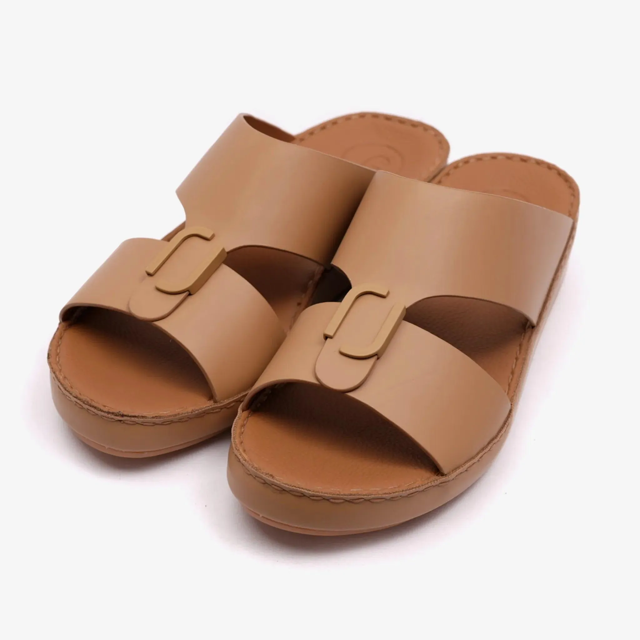 FARADA MATTE LEATHER SLIM ICONIC DOUBLE F TRIM ARABIC SANDAL NATURAL