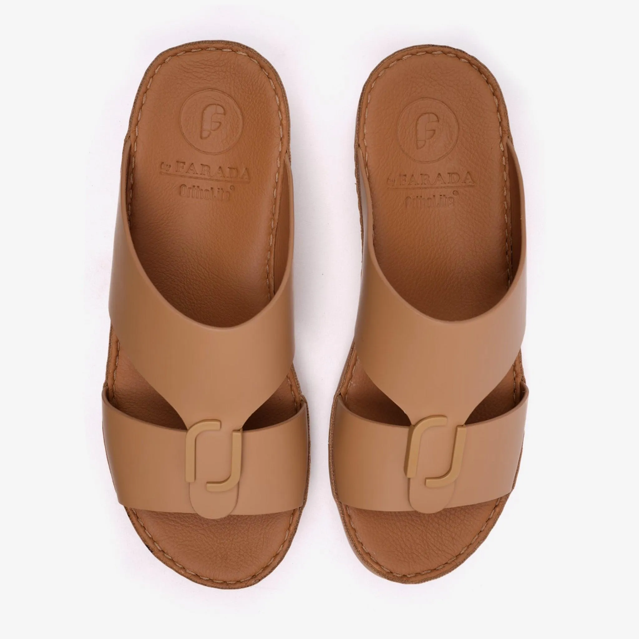 FARADA MATTE LEATHER SLIM ICONIC DOUBLE F TRIM ARABIC SANDAL NATURAL