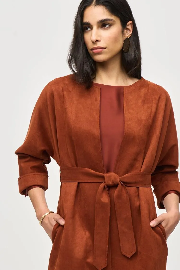 Faux Suede Long Belted Jacket