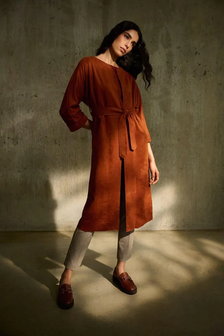 Faux Suede Long Belted Jacket