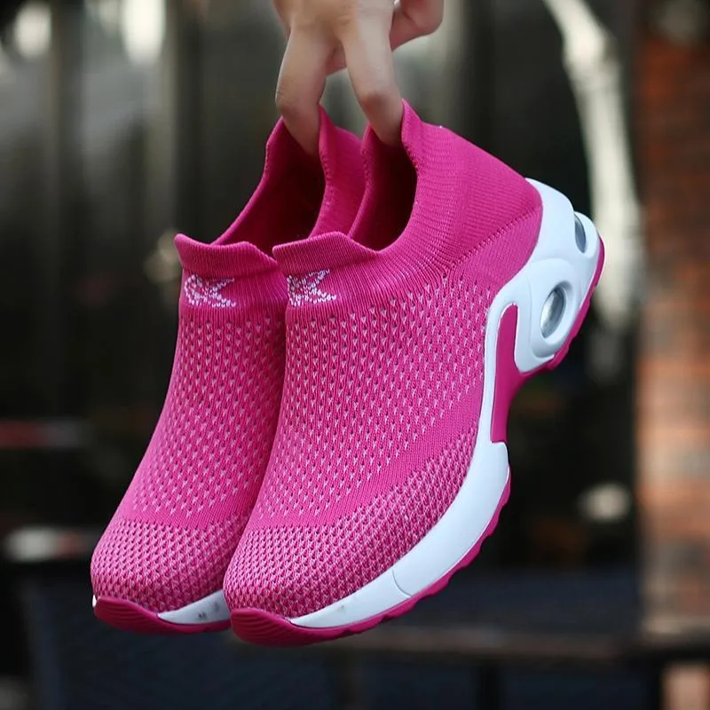 Female Breathable Lightweight Flying Woven Air Cusion Sneakers