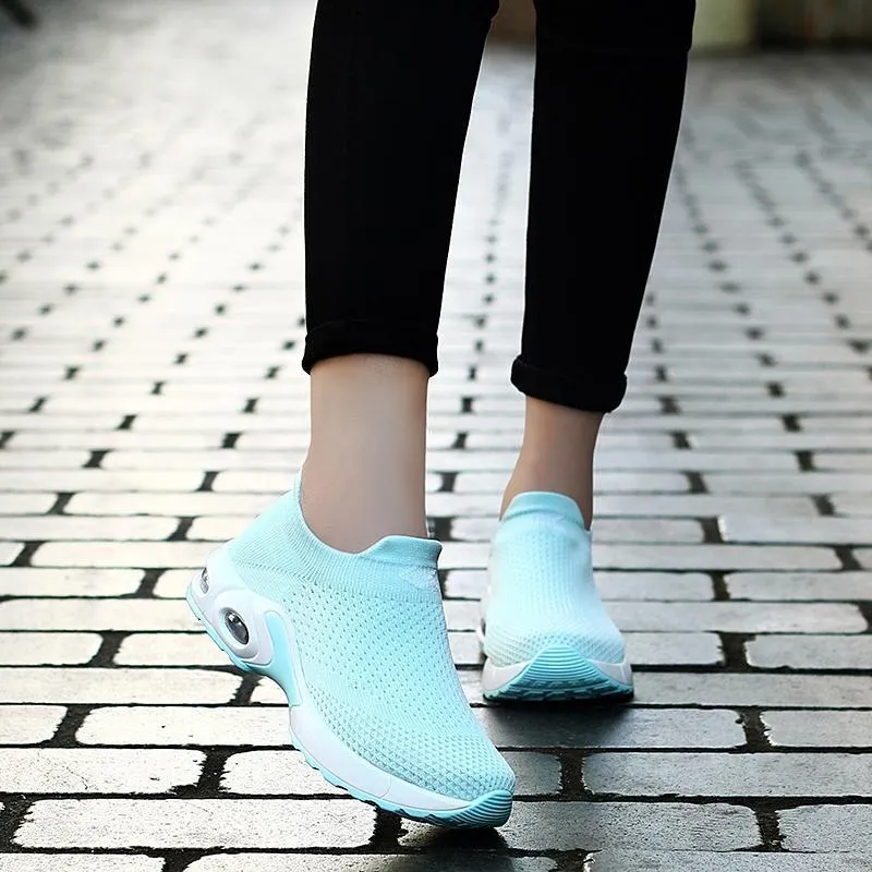 Female Breathable Lightweight Flying Woven Air Cusion Sneakers