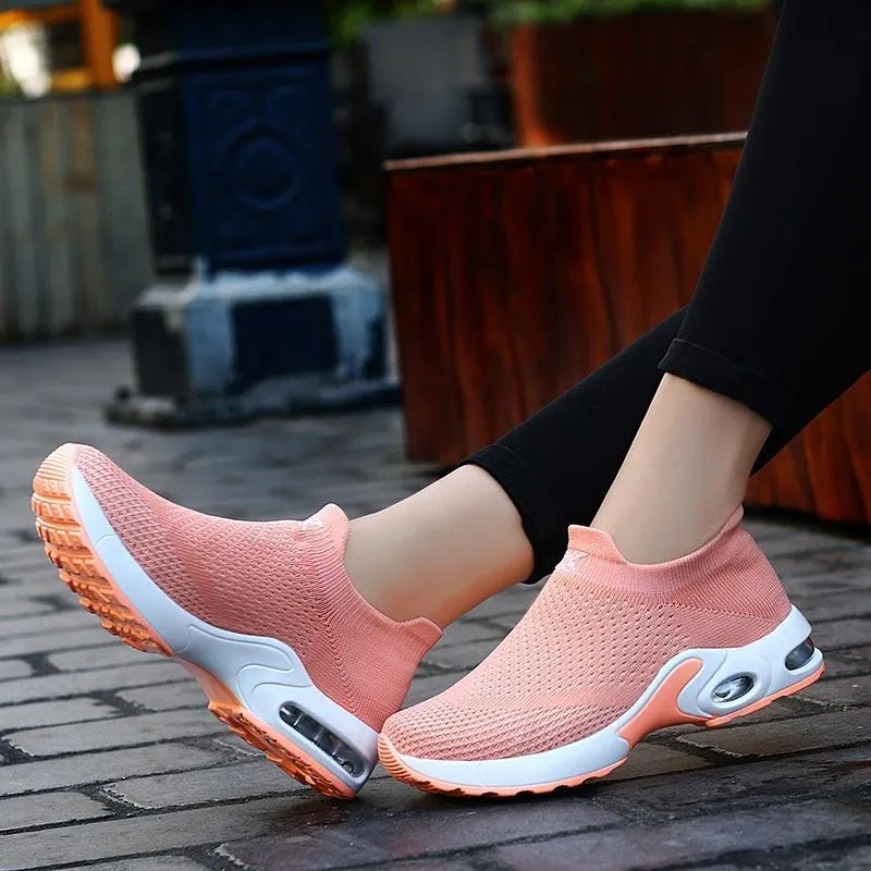 Female Breathable Lightweight Flying Woven Air Cusion Sneakers
