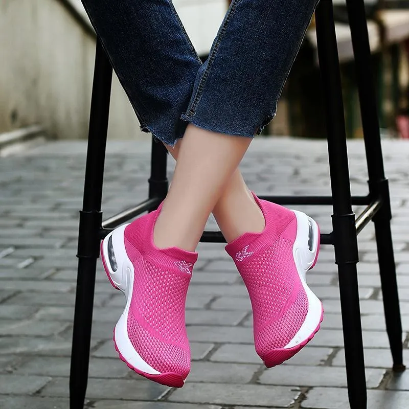 Female Breathable Lightweight Flying Woven Air Cusion Sneakers