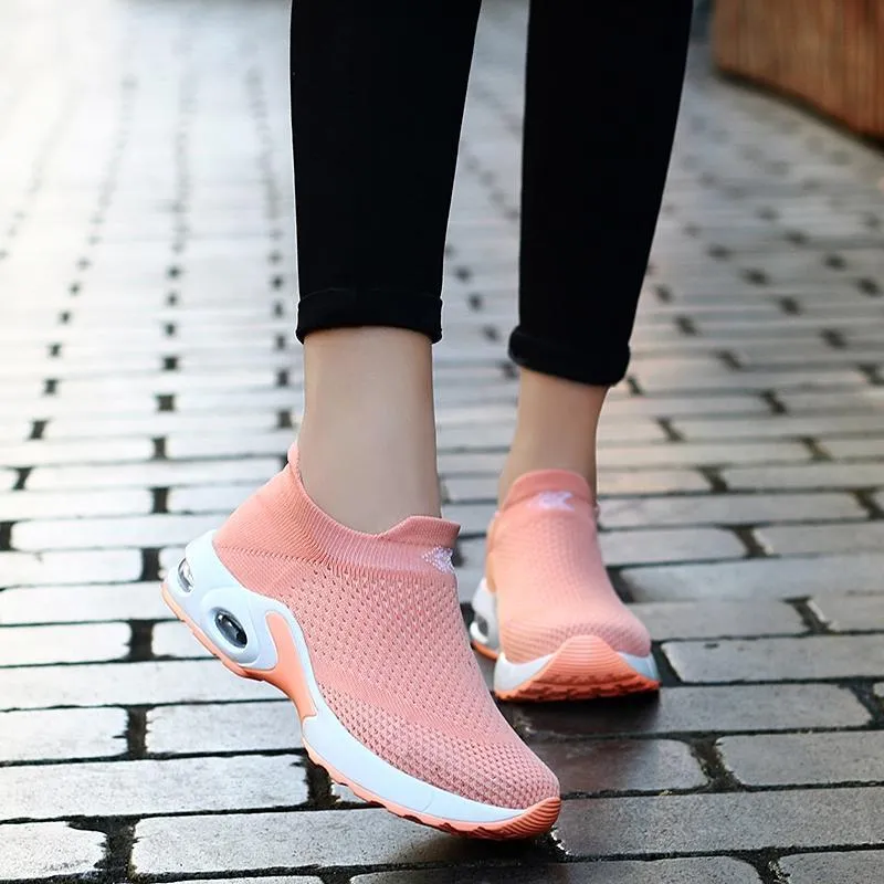 Female Breathable Lightweight Flying Woven Air Cusion Sneakers