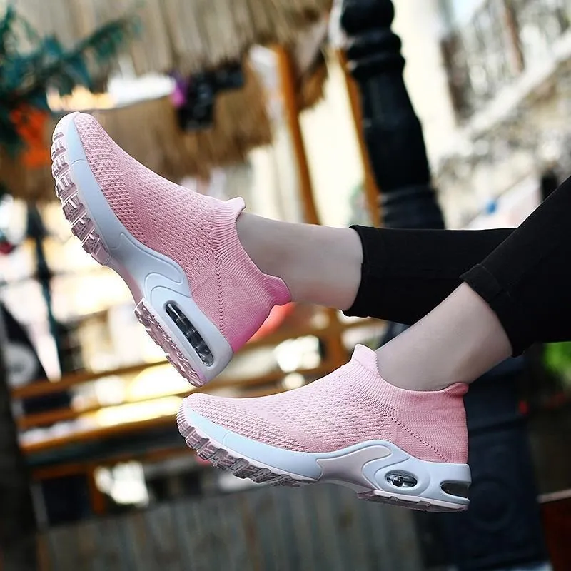 Female Breathable Lightweight Flying Woven Air Cusion Sneakers