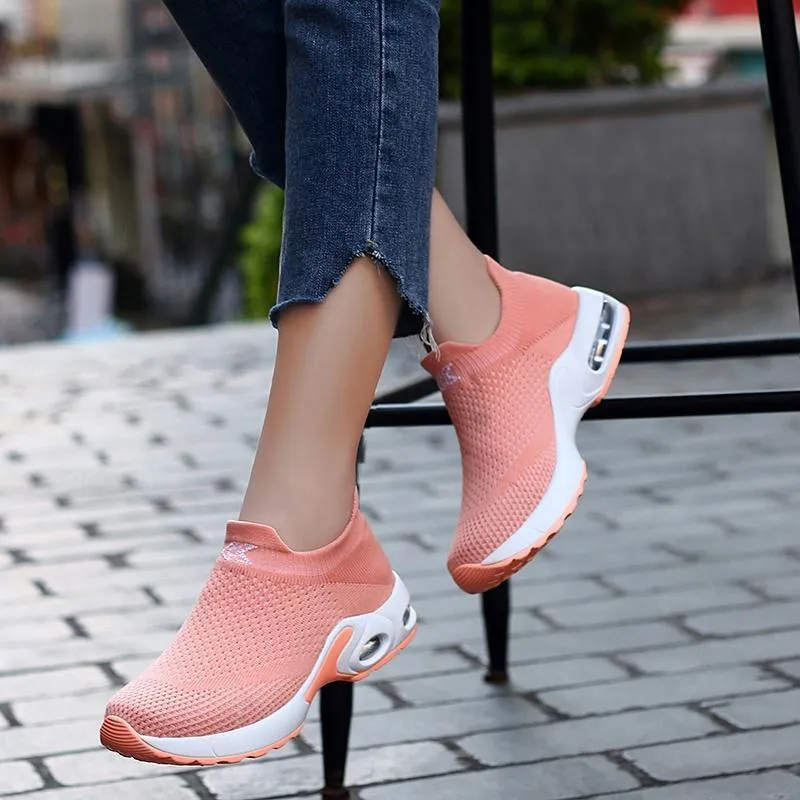 Female Breathable Lightweight Flying Woven Air Cusion Sneakers