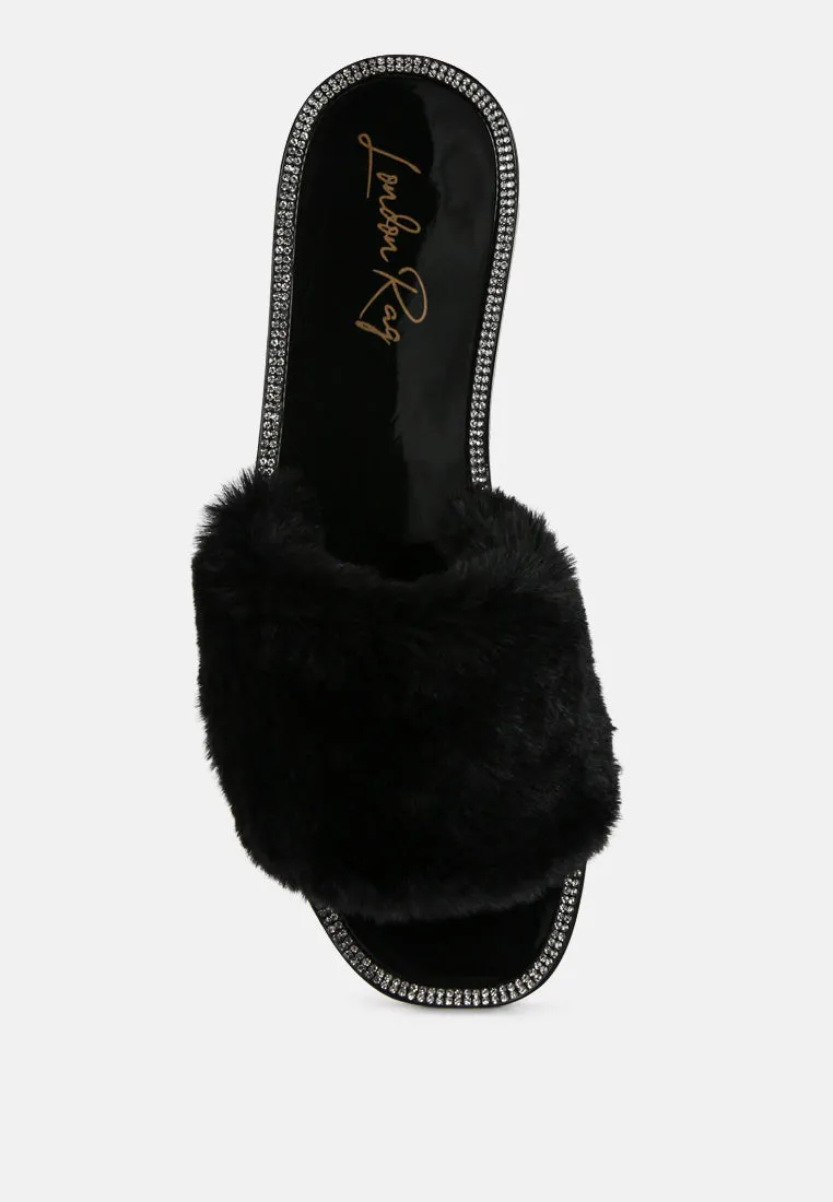 Geese Faux Fur Diamante Detail Jelly Flats by London Rag