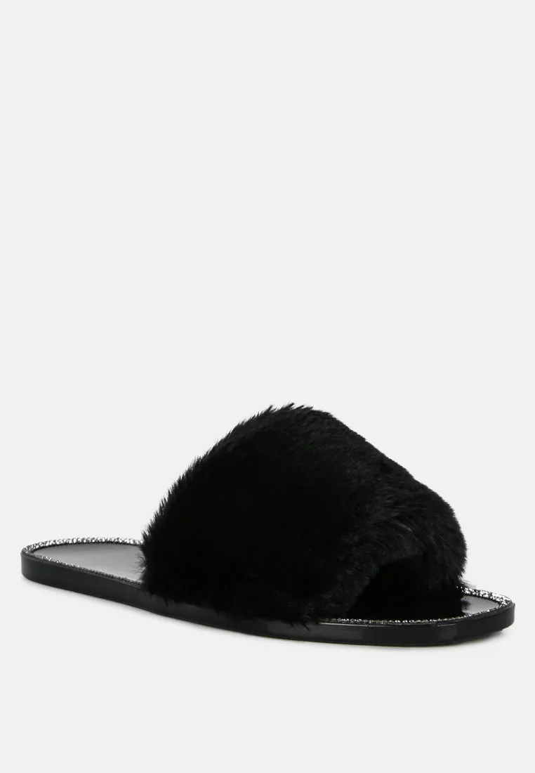 Geese Faux Fur Diamante Detail Jelly Flats by London Rag