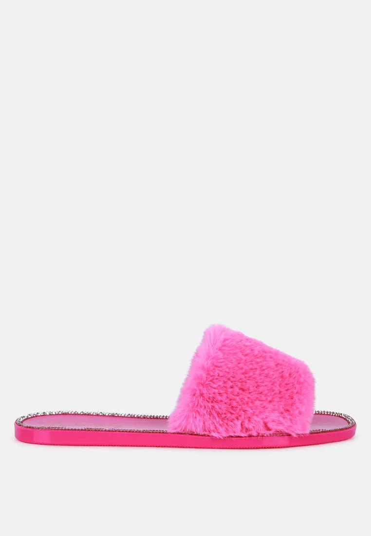 Geese Faux Fur Diamante Detail Jelly Flats by London Rag