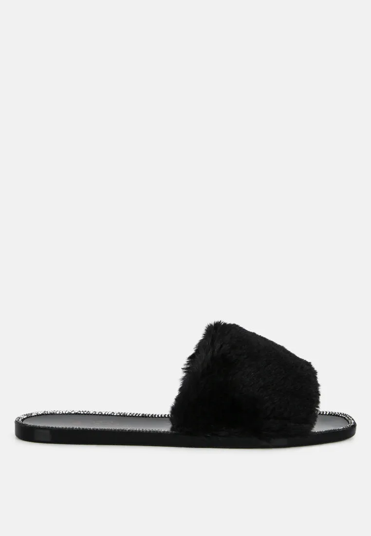 Geese Faux Fur Diamante Detail Jelly Flats by London Rag
