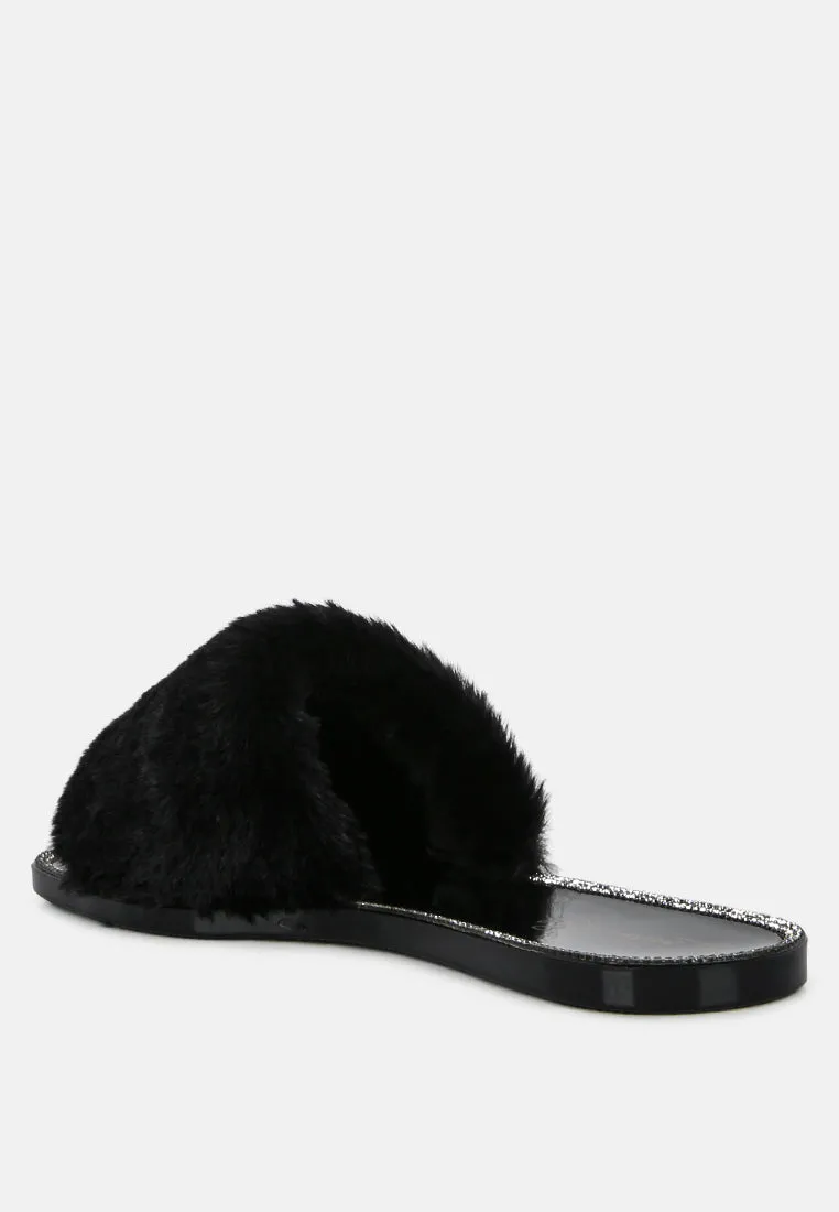 Geese Faux Fur Diamante Detail Jelly Flats by London Rag