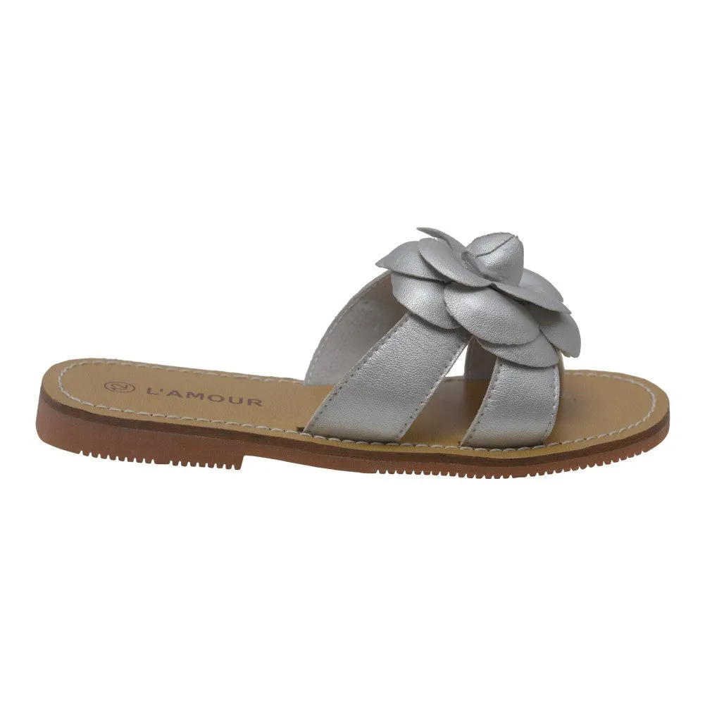 Girls Silver Flower Accent Thong Trendy Sandals 7-10 Toddler