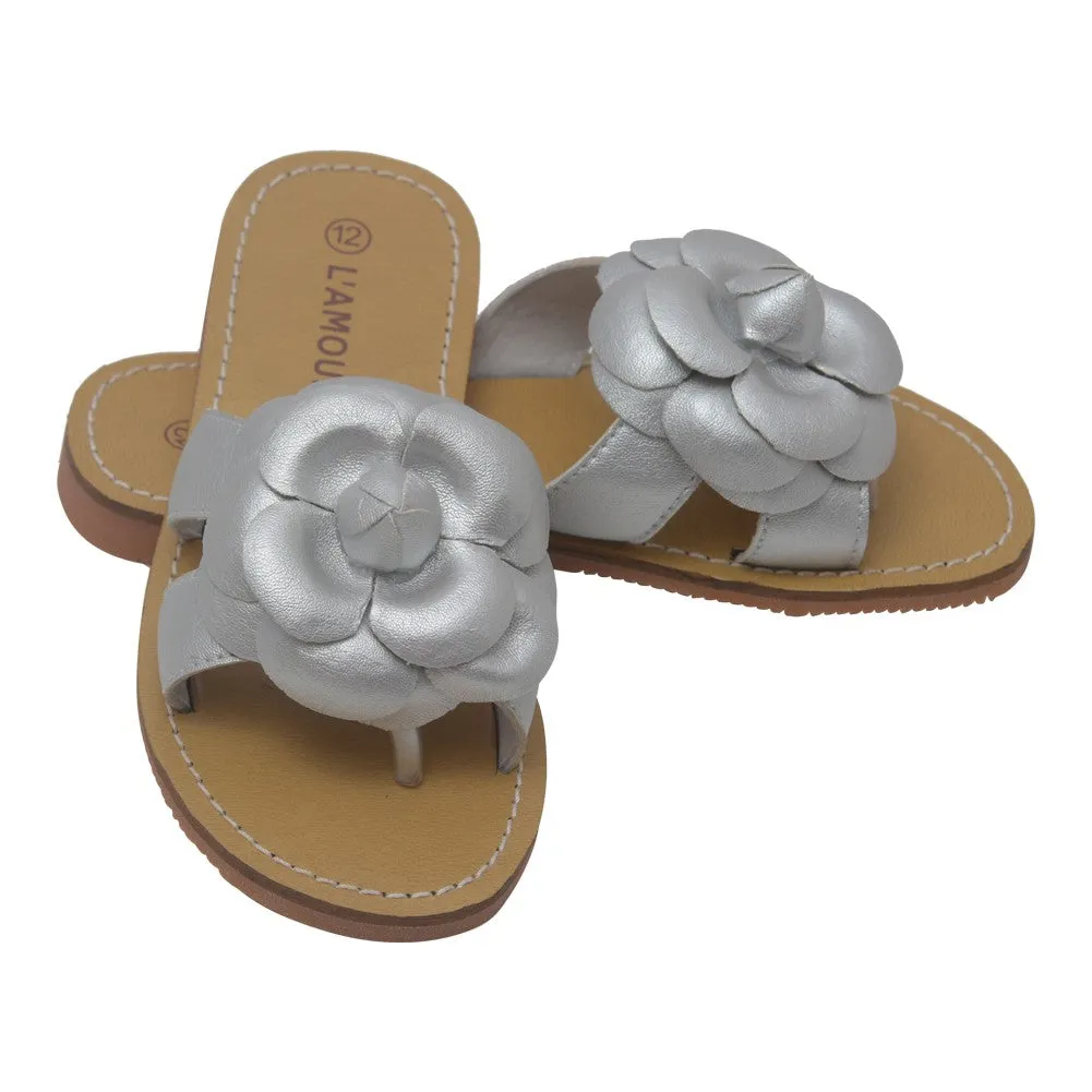 Girls Silver Flower Accent Thong Trendy Sandals 7-10 Toddler