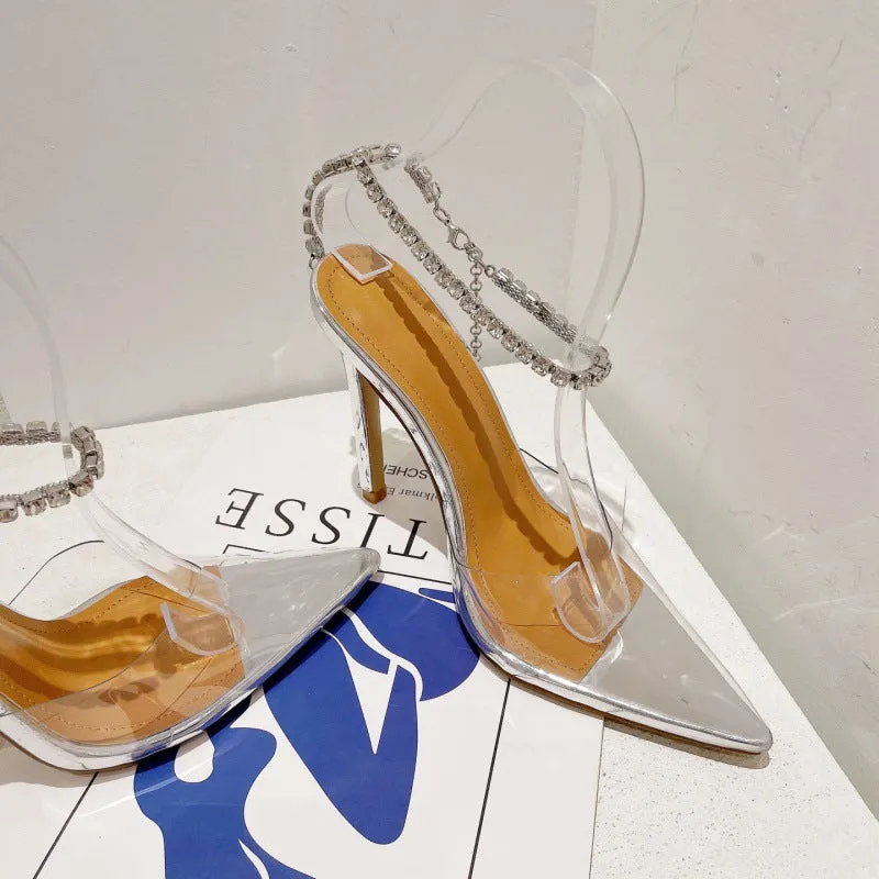 Pointed-toe Transparent Rhinestone Stiletto Sandals