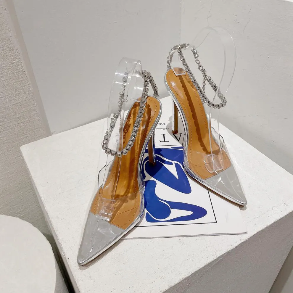 Pointed-toe Transparent Rhinestone Stiletto Sandals