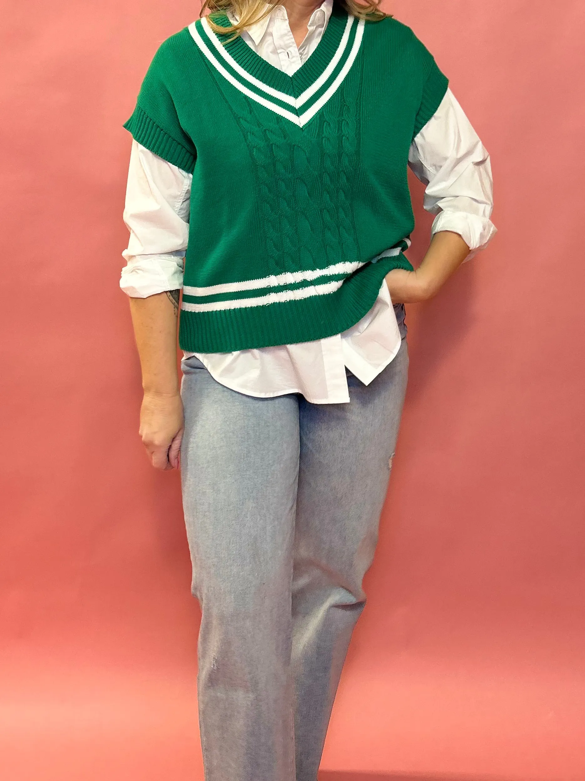 Varsity Charm Cable Knit V-Neck Sweater in Green