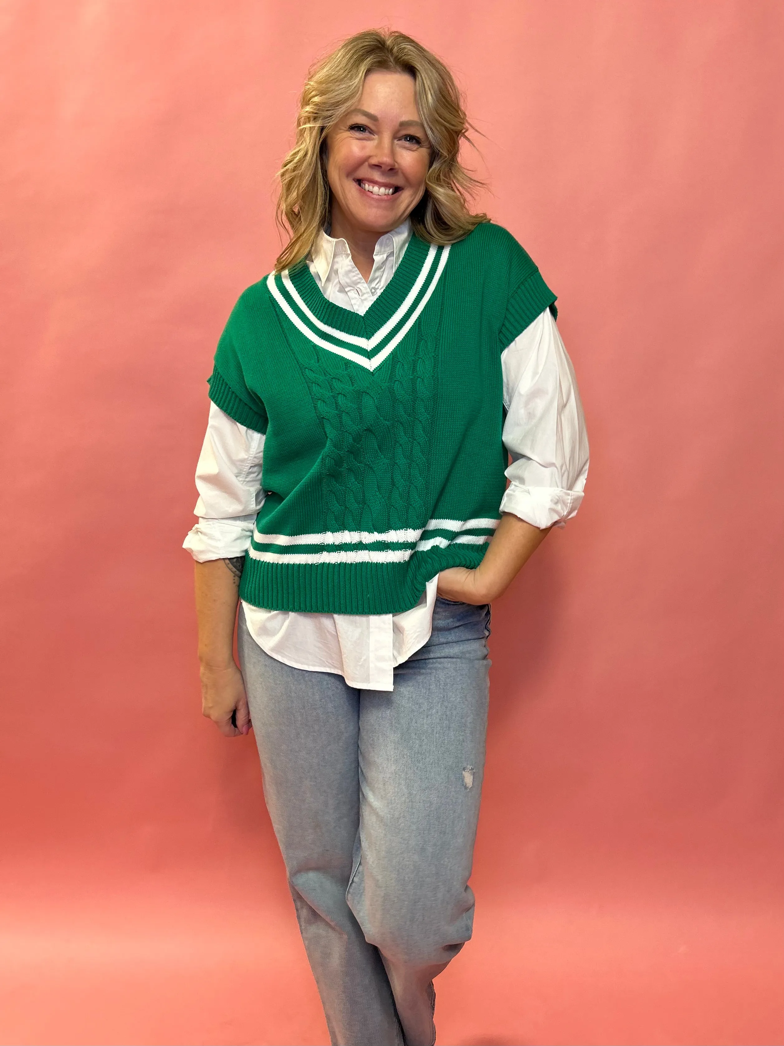 Varsity Charm Cable Knit V-Neck Sweater in Green