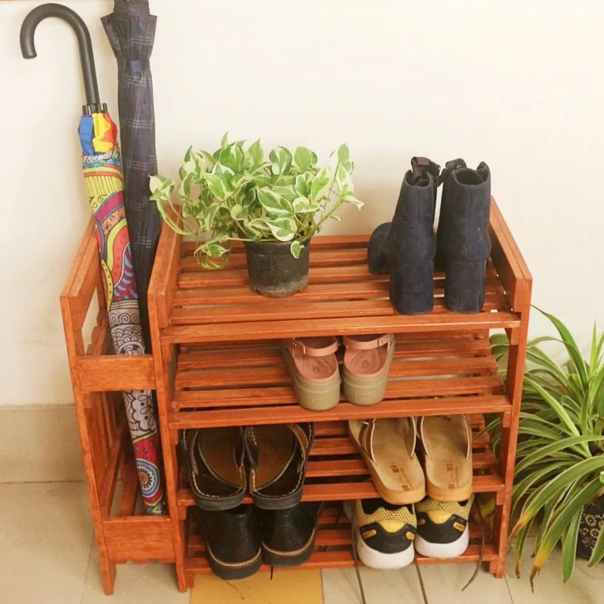 Wooden Shoe Rack with Umbrella Stand - Handcrafted 4 Tier Organizer for Shoes, Umbrella, and Decor