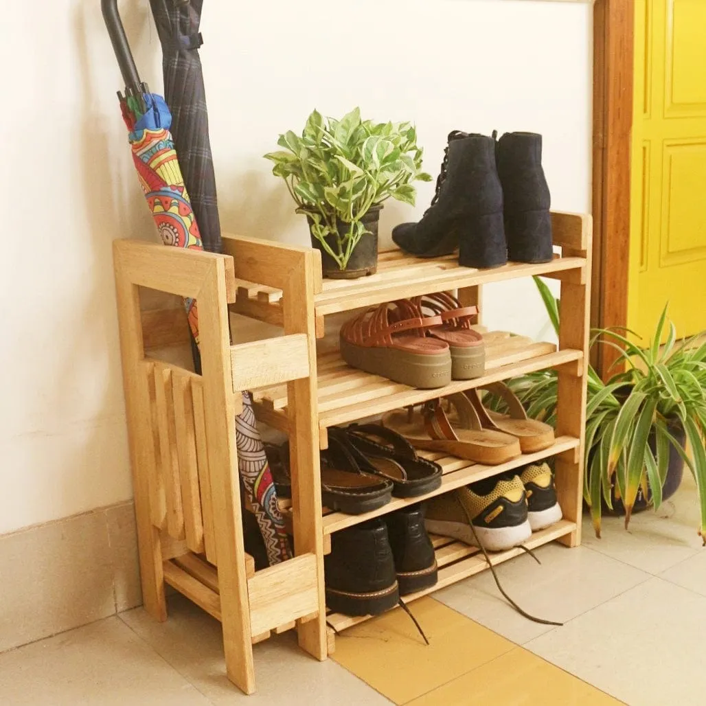 Wooden Shoe Rack with Umbrella Stand - Handcrafted 4 Tier Organizer for Shoes, Umbrella, and Decor