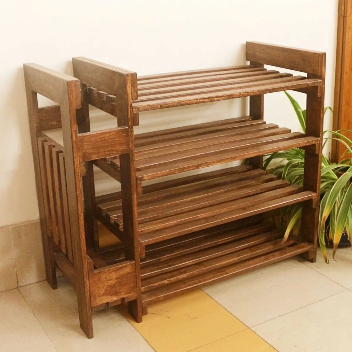 Wooden Shoe Rack with Umbrella Stand - Handcrafted 4 Tier Organizer for Shoes, Umbrella, and Decor