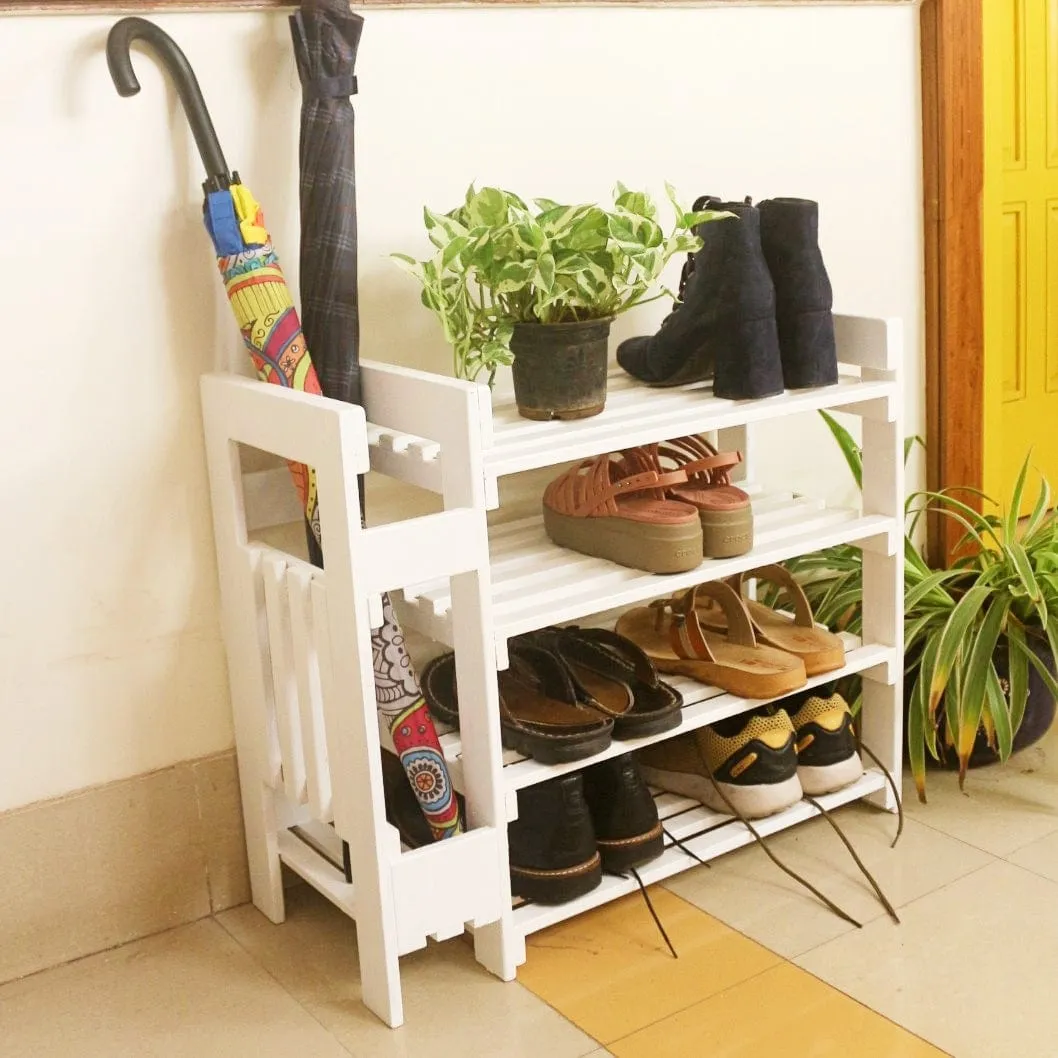 Wooden Shoe Rack with Umbrella Stand - Handcrafted 4 Tier Organizer for Shoes, Umbrella, and Decor