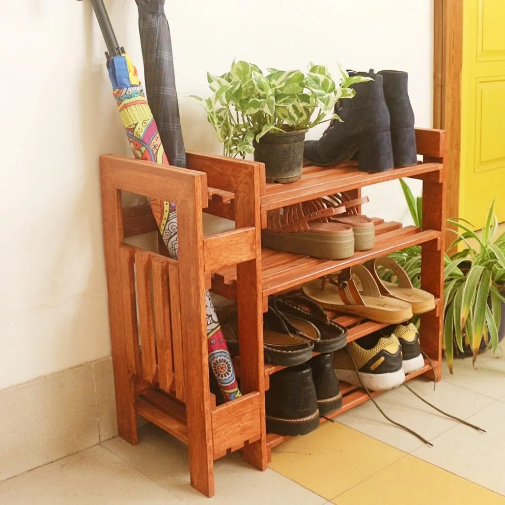 Wooden Shoe Rack with Umbrella Stand - Handcrafted 4 Tier Organizer for Shoes, Umbrella, and Decor