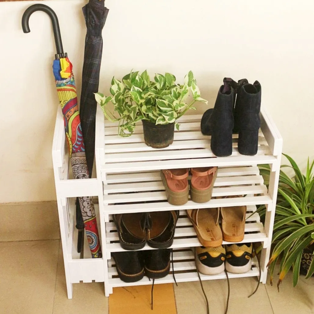 Wooden Shoe Rack with Umbrella Stand - Handcrafted 4 Tier Organizer for Shoes, Umbrella, and Decor