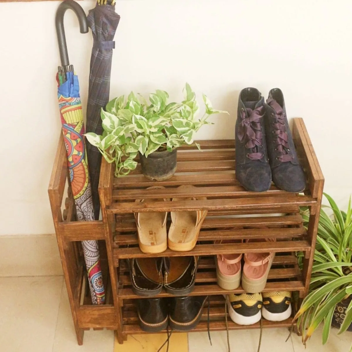 Wooden Shoe Rack with Umbrella Stand - Handcrafted 4 Tier Organizer for Shoes, Umbrella, and Decor