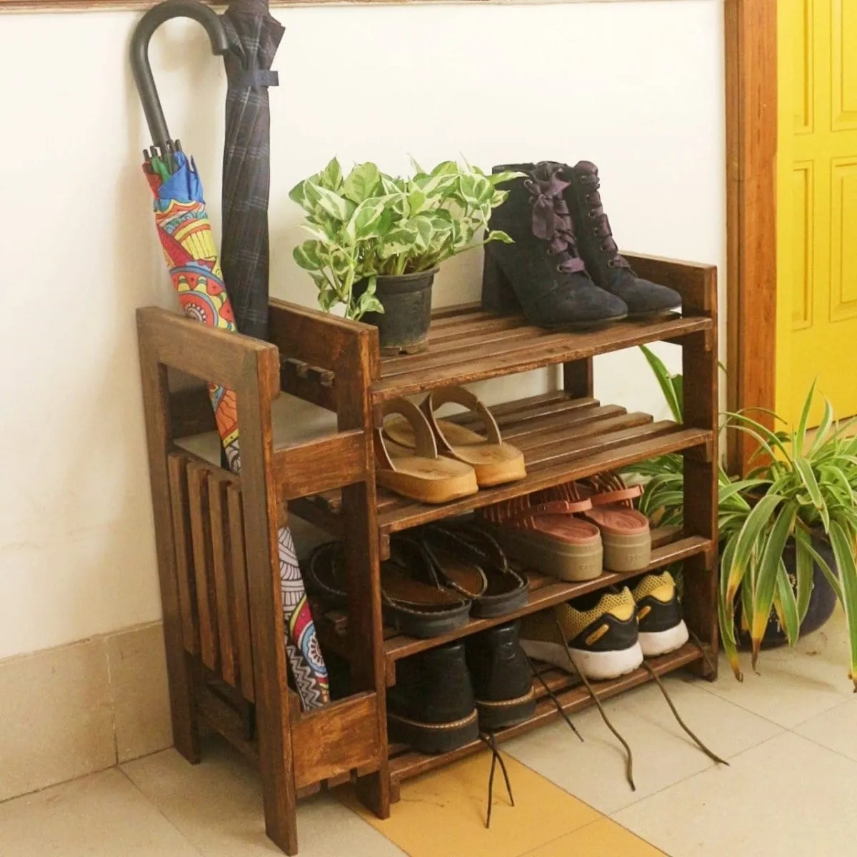 Wooden Shoe Rack with Umbrella Stand - Handcrafted 4 Tier Organizer for Shoes, Umbrella, and Decor